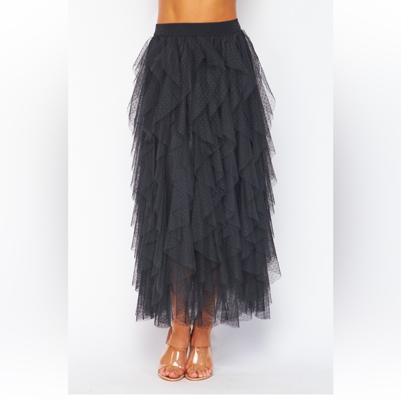37 Carrie Black Textured Tulle Mesh Midi Skirt - Picture 2 of 4